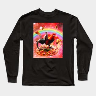 Cat Riding Unicorn Rooster on Pizza Long Sleeve T-Shirt